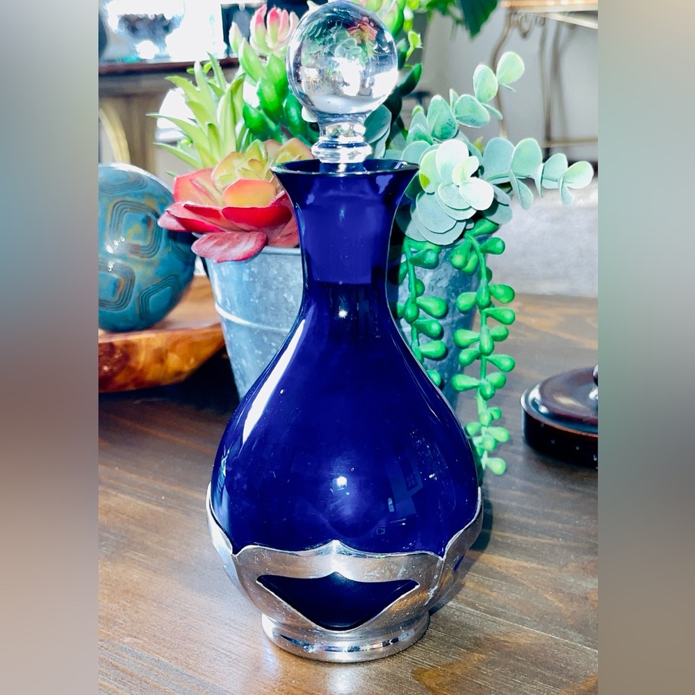 Cambridge Cobalt Depression Glass & Chrome Decanter